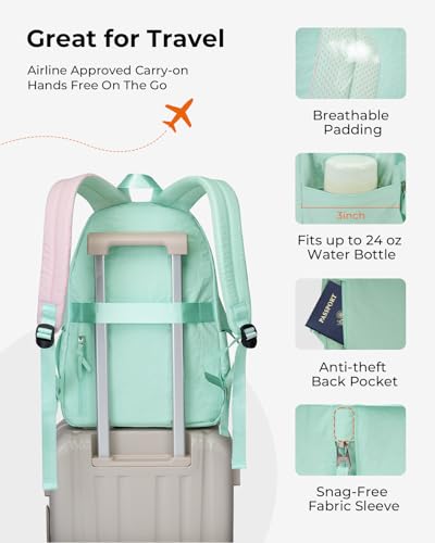 Lightweight Travel Backpack for Women, School Backpack for Teen Girls & Boys, Water-repellent Taslon Fabric, Stylish Casual Daypack for College Everyday Use, Fits 14" Laptop, Green & Pink - color: Green & Pink