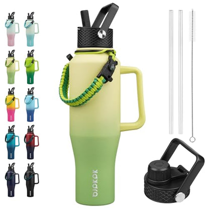 BJPKPK Insulated Water Bottles with Straw Lid, 40oz Metal Water Bottle with 2 lids & Paracord Strap, Double Wall Stainless Steel Tumbler with Handle, Reusable Cups, Mugs, Thermo, Fresh Green - color: Fresh Green, style: 40oz-Side Handle