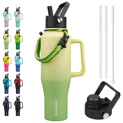 BJPKPK Insulated Water Bottles with Straw Lid, 40oz Metal Water Bottle with 2 lids & Paracord Strap, Double Wall Stainless Steel Tumbler with Handle, Reusable Cups, Mugs, Thermo, Fresh Green - color: Fresh Green, style: 40oz-Side Handle