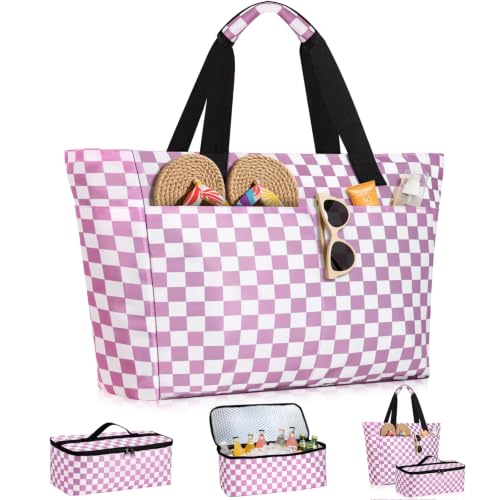 ISEYOU Beach Bag and Cooler Bag Set, 45L Waterproof XXL Foldable Tote with Zipper, 8 Pockets for Pool, Picnic, Travel - color: Pink
