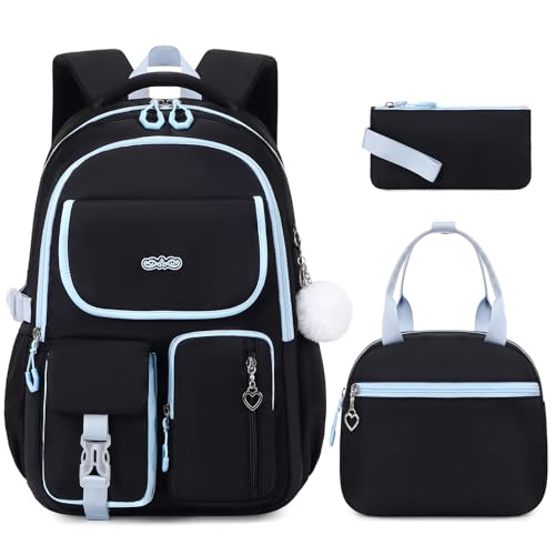 DIGOBAY Backpacks for Girls, 3PCS School Backpack with Lunch Box Pencil Pouch for Teen Girls Kids Elementary Primary Middle High College Travel School bag Bookbag Set （Black Blue） - color: Black Blue