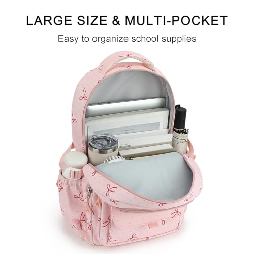 Phaoullzon Teen Girls School Backpack with Lunch Box for Boys, College Aesthetic Laptop Bookbag for Women - color: Pink Bow