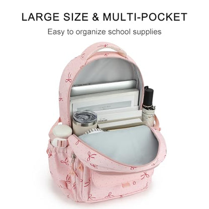 Phaoullzon Teen Girls School Backpack with Lunch Box for Boys, College Aesthetic Laptop Bookbag for Women - color: Pink Bow