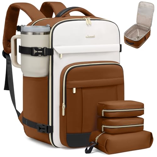 LOVEVOOK 40L Travel Backpack for Women & Men - 17.3 Inch Carry On Backpack & Personal Item Backpack for Airlines, Spacious and Durable Design, with 3 Packing Cubes - color: Yellow Brown-beige-black, size: Large-40L-4Pcs