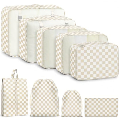 9 Set Packing Cubes for Travel Essentials - Lightweight Carry-On Luggage Organizer Bags with Shoe, Clothes & Laundry Bags for Airplane, Family & Business Travel, Beige checkered - color: Beige checkered