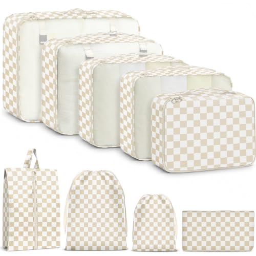 9 Set Packing Cubes for Travel Essentials - Lightweight Carry-On Luggage Organizer Bags with Shoe, Clothes & Laundry Bags for Airplane, Family & Business Travel, Beige checkered - color: Beige checkered