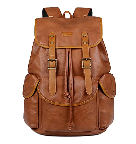 Vegan Leather 15.6 inch Laptop Backpack Hiking Camping Backpack Satchel Bookbag Travel Business Backpack CN-01 (Brown) - color: Brown