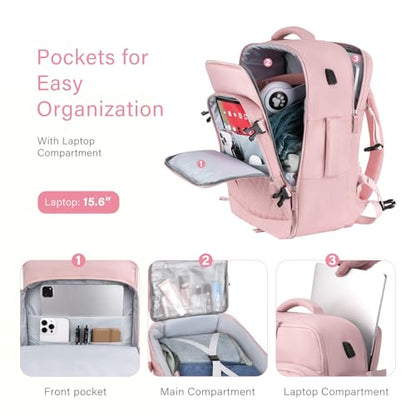MOSISO 40L Travel Backpack for Women, Rhombus Quilted Flight Approved Carry on Daypack with USB Charging Port&Drawstring Bag, 17-17.3 inch Laptop Backpack for Office Work Travel Essentials, Pink