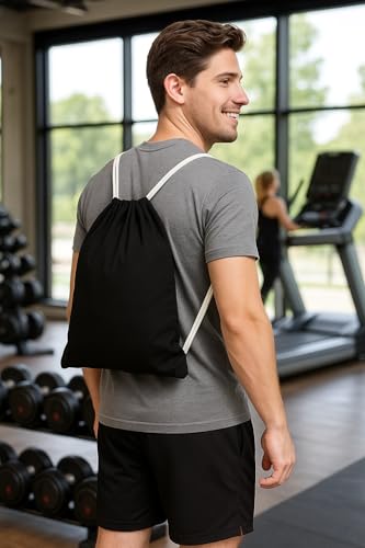 Black Cotton Drawstring Bag – 100% Cotton Reusable Sackpack, Lightweight Drawstring Backpack for Gym, Travel, School, Shopping & Daily Use, Eco-Friendly Tote Bag