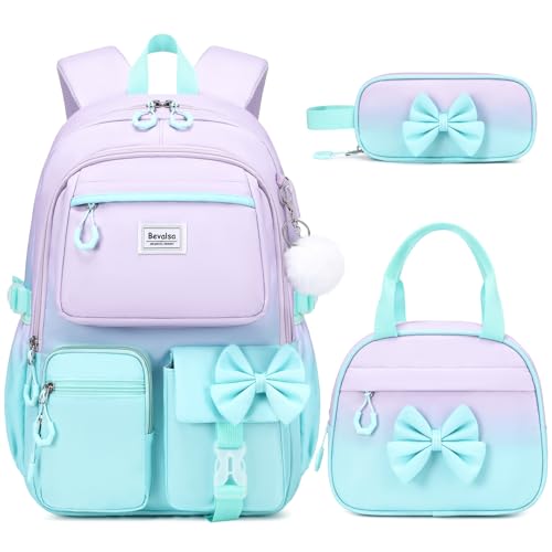 Bevalsa Backpack for Girls, Cute Bow School Bags for Kids with Lunch Bag & Pen Case, Bookbag for Girls Children Teens Elementary Middle Student, Back to School Gift with USB Charging Port - color: Purple-green