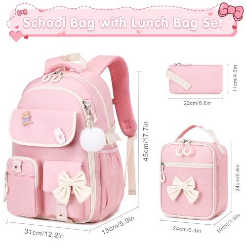 ACESAK Girls Backpack - 3PCS Backpack for Girls Cute School Backpacks for Girl Kindergarten Elementary Preschool Middle Kids School Bags with Lunch Box Pencil Case Set (Pink Beige) - color: Pink Beige