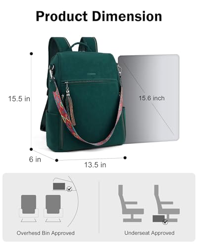FADEON Leather Laptop Backpack for Women Designer 15.6 inch PU Laptop Bag, Ladies Travel Computer Work Backpack Green - color: Dark Green Suede Style