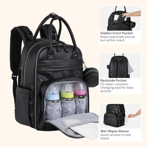 BabbleRoo Leather Diaper Bag Backpack - Baby Essentials Travel Baby Bag, Multi function, with Changing Pad, Stroller Straps & Pacifier Case – Unisex, Black - color: Vegan Leather Black, size: Large