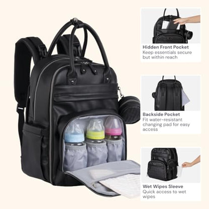 BabbleRoo Leather Diaper Bag Backpack - Baby Essentials Travel Baby Bag, Multi function, with Changing Pad, Stroller Straps & Pacifier Case – Unisex, Black - color: Vegan Leather Black, size: Large