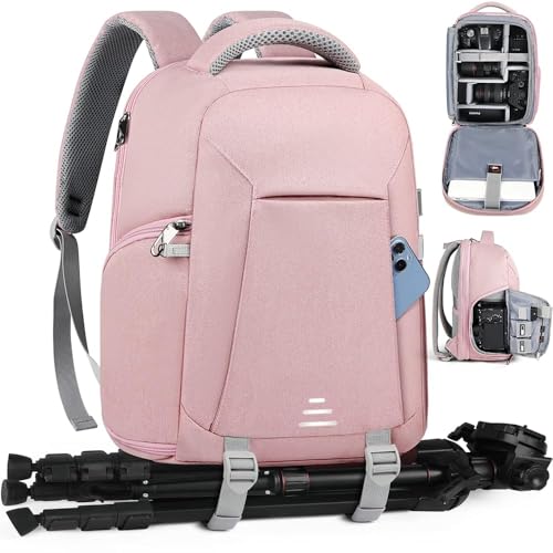 RAINSMORE Camera Backpack for DSLR SLR Mirrorless Cameras - Professional 14 Inch Laptop Compartment Waterproof Photography Bag with Tripod Holder & Rain Cover for Travel & Hiking, Pink - color: Pink, size: 14 inch