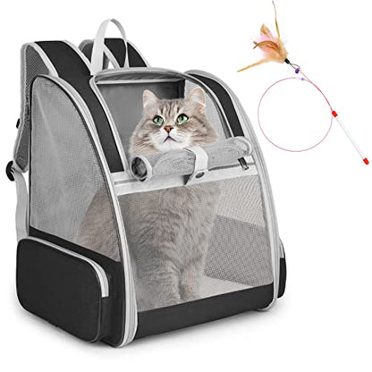 Cat Backpack Carrier, Small Dog Carrier Backpack with Fully Ventilated Mesh, Kitten Wand Feather Toy & Safety Leash, Collapsible Travel Hiking Pet Carrier for Small Dogs Cat Puppy Kitten Bunny (Black) - color: Black