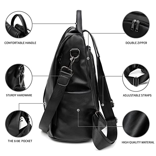 PINCNEL Women Backpack Purse Waterproof Nylon Anti-theft Rucksack Lightweight Shoulder Bag, Medium, Black - color: Black Leather, size: Medium