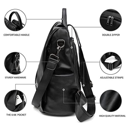 PINCNEL Women Backpack Purse Waterproof Nylon Anti-theft Rucksack Lightweight Shoulder Bag, Medium, Black - color: Black Leather, size: Medium