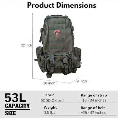 Hunter3 53L Backpack – Waterproof 900D Oxford Material with Molle System, Heavy Duty Outdoor Bag (Army Green) - color: Army Green