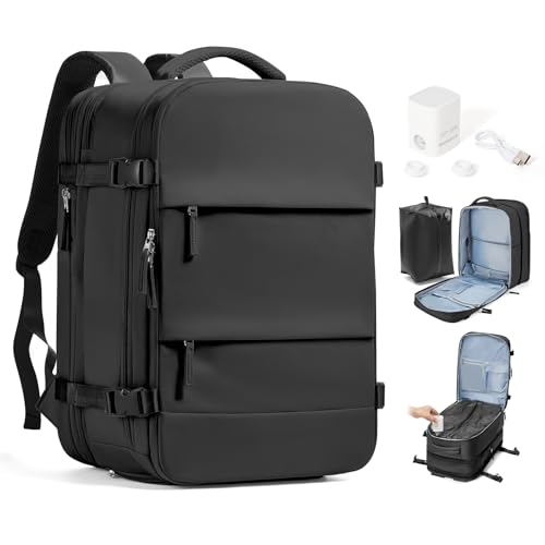 Travel Backpack with Compression Vacuum Storage Bag & Electric Pump, Expandable Flight Approved Carry On Backpack, 18x14x8 inches Personal Item Travel Bag for Men Women, Black - color: Black