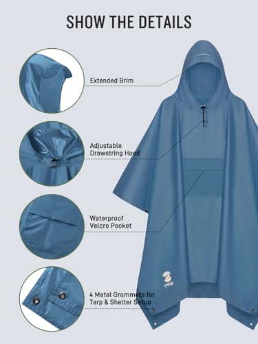 SaphiRose Extra Thick Hooded Rain Poncho Double Layer Waterproof Raincoat Jacket for Men Women Adults - color: Haze Blue