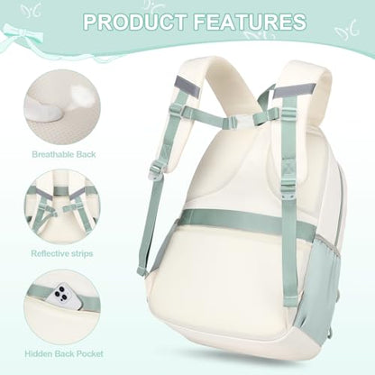 DIGOBAY Backpack for Girls, 3PCS Girls Backpack for School with Lunch Bag Pencil Case, Cute Kids Teens Bookbag for Kindergarten Elementary Preschool Middle School - color: Beige-bean Green