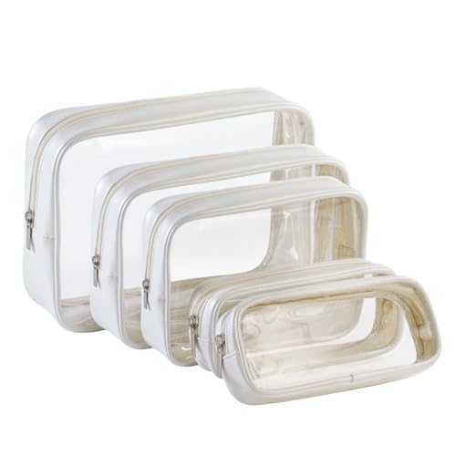 Remobia Hicol TSA Approved 5-Piece Diaper Bag Organizer Pouch Set Clear Waterproof TPU Kids Toiletry Storage Set Travel Packing Clutch Cube Bags for Baby Nursing(Pearl White Leather) - color: Pearl White Leather