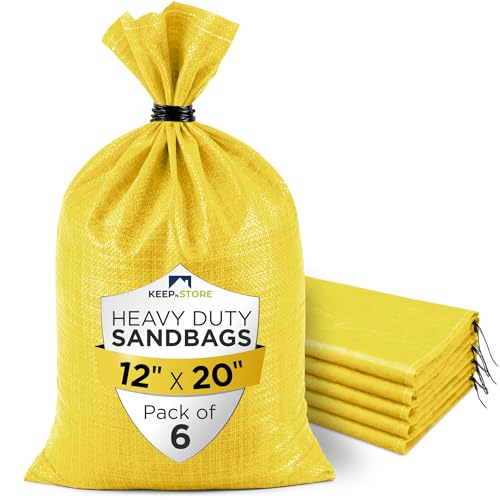 Heavy Duty Sand Bags Pack of 6, Bright Yellow Empty Sandbags with Built-In Ties, Woven Polypropylene UV Protection 1600 Hours, Fillable Bags for Flood Control, Weight, 12x20 inches, 25 Pounds Volume - size: 12"W x 20"L, style: Pack of 6