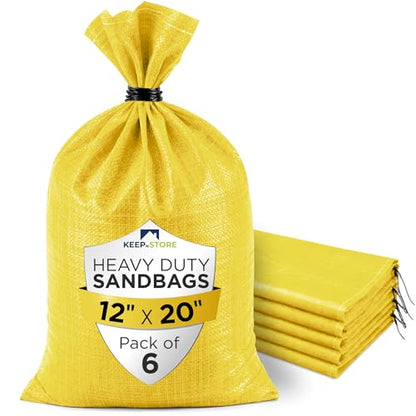 Heavy Duty Sand Bags Pack of 6, Bright Yellow Empty Sandbags with Built-In Ties, Woven Polypropylene UV Protection 1600 Hours, Fillable Bags for Flood Control, Weight, 12x20 inches, 25 Pounds Volume - size: 12"W x 20"L, style: Pack of 6