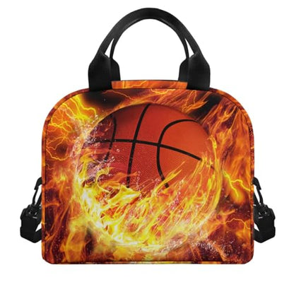 Flashideas Fire Basketball Backpack for School Boys Backpack with Lunch Box 32 Ounce Water Bottle and Water Bottle Carrier 4Pcs Set 17" Bookbag with Compartments Sturdy School Bag for Kids Elementary - color: Fire Basketball