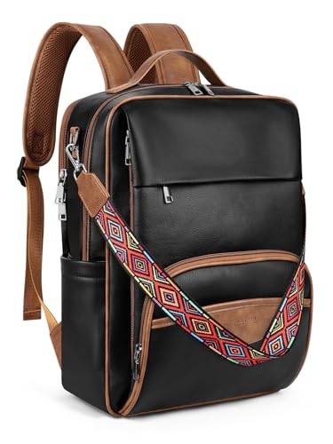 SYTRAH Leather Laptop Backpack, 15.6 Inch Business Computer Bag, Designer College Backpack Travel Backpack with Colorful Shoulder Bag Strap Black Brown - color: Black Brown