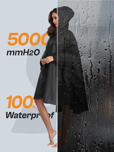 SaphiRose Unisex Rain Poncho Waterproof Raincoat Hooded for Adults Women with Pockets - color: Black