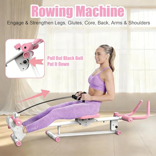 Ab Workout Equipment Abs Trainer, 4 in 1 Workout Machine with Ab Slider Roman Chair Rowing Leg Press, All in One Fitness Equipment for Home Gym Training - color: Pink