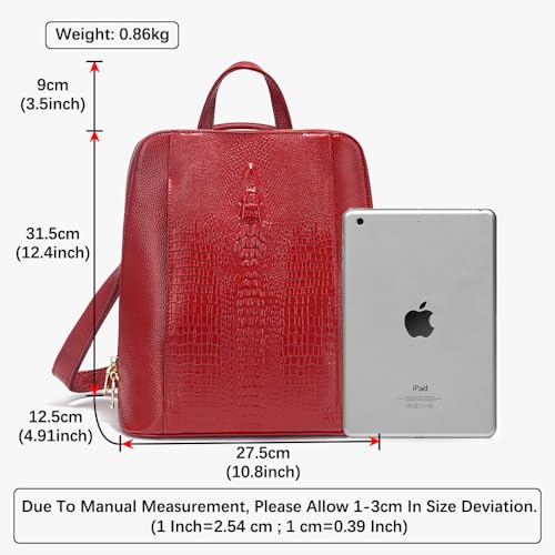 zency 100% Genuine Leather Knapsack Ladies Alligator Pattern Women Backpack For Work Laptop (Dark Red) - color: Dark Red