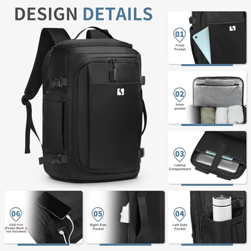 35L Travel Backpack 17" Laptop Backpack W/USB-C Port, Expandable Carry-On Bag, TSA Flight Approved Water-Resistant for Business College, Black - color: Black