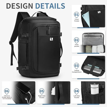 35L Travel Backpack 17" Laptop Backpack W/USB-C Port, Expandable Carry-On Bag, TSA Flight Approved Water-Resistant for Business College, Black - color: Black