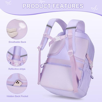 DIGOBAY 3PCS Girls Backpack for School, Kids Backpack for Girls with Lunch Bag Pencil Case, Kids Bookbag Teen Girl Backpacks for Elementary Middle High College School (Purple) - color: Purple