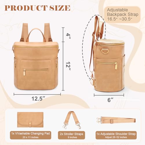 miss fong Diaper Bag Backpack Baby Diaper Bag, Large Leather Diaper Backpack with 16 Pockets Travel Diaper Bag with Diaper Changing Pad, Pañaleras Para Bebe for Moms(Convertible, Peanut) - color: Peanut