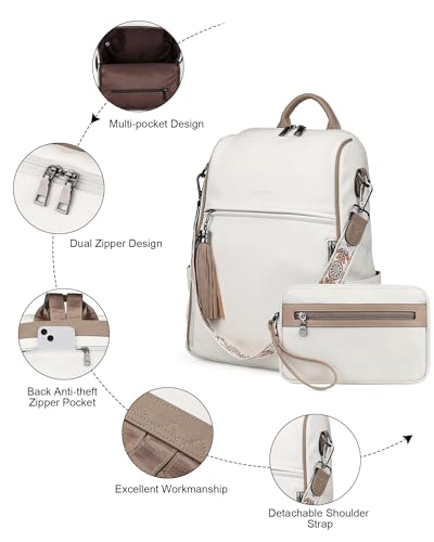 FADEON Leather Backpack Purse for Women Designer Travel Backpack Purses PU Fashion Ladies Shoulder Bag with Tassel - color: White Contrast Camel Retro Style