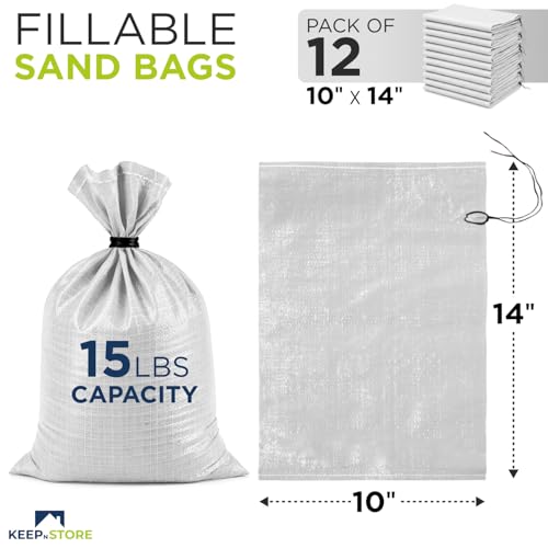 Heavy Duty Sand Bags Pack of 12, White Empty Sandbags with Built-In Ties, Woven Polypropylene UV Protection 1600 Hours, Fillable Bags for Flood Control, Weight, 10x14 inches, 15 Pounds Volume - size: 10"W x 14"L, style: Pack of 12