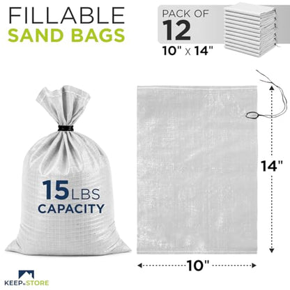 Heavy Duty Sand Bags Pack of 12, White Empty Sandbags with Built-In Ties, Woven Polypropylene UV Protection 1600 Hours, Fillable Bags for Flood Control, Weight, 10x14 inches, 15 Pounds Volume - size: 10"W x 14"L, style: Pack of 12