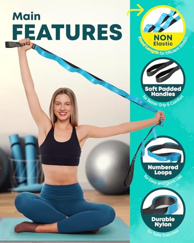 Stretching Strap with Loops - Non Elastic Stretch Band for Physical Therapy, Yoga Strap for Stretching Equipment, Stretch Bands for Exercise and Flexibility - Fascia, Hamstring & Leg Stretcher Belt - style: 10 Loops - Blue