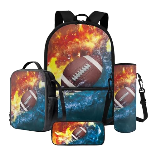 Rugby Water Flame 4 Piece Set Reusable Backpack Set for Teens Portable Laptop Backpack Portable School Supplies Rucksack Outdoor Daypack for Back to School - color: Rugby Water Flame
