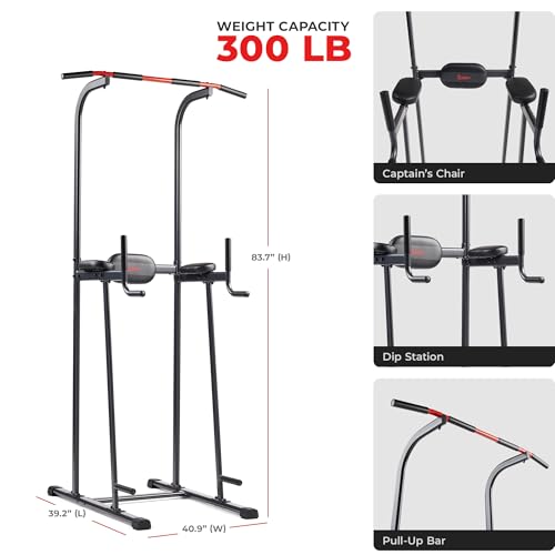 Sunny Health & Fitness Power Tower Dip Station & Pull-Up Bar, Multi-Function Strength Training Equipment with Captain’s Chair, Push-Up Bars & Core Workout for Home Gym