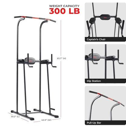 Sunny Health & Fitness Power Tower Dip Station & Pull-Up Bar, Multi-Function Strength Training Equipment with Captain’s Chair, Push-Up Bars & Core Workout for Home Gym