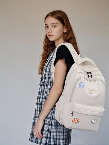 School Backpack for Teen Girls Cute Bookbag for High Middle School College Aesthetic Laptop Back Pack,Beige - color: Beige