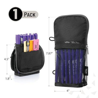 Mr. Pen- Standing Pencil Case Pouch, Sit & Lay Mesh-View Design, Black with Gray Zipper, Interior Pocket & 2 Elastic Binder Loops, Cute Pencil Case for Girls and Boys - color: Black with Gray Zipper