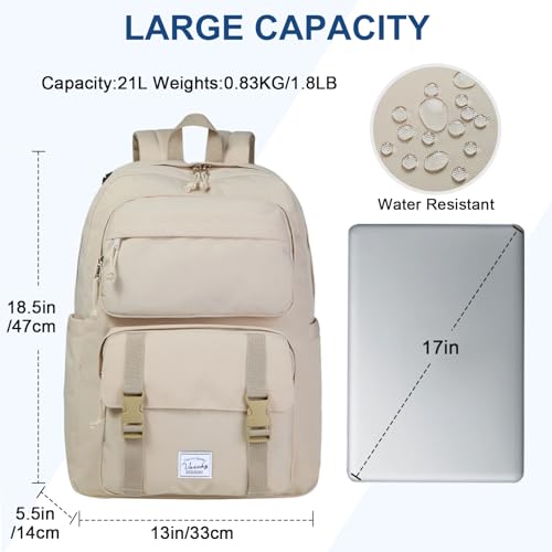 VASCHY Travel Backpack for Teens Girls, Large Schoolbag Book Bag Rucksack for Women High School/College/Work/Daypack/Commuter Beige - color: Beige