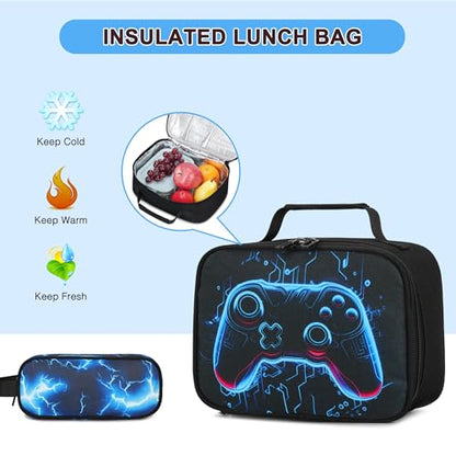 Scothen 3PCS Boys Backpack Set, Cool Backpack for Boys with Lunch Bag & Pencil Case, Kids School Bag Teen Boy Bookbag for Kindergarten Elementary Middle School with USB Charging Port - color: Futuristic Blue Lightning