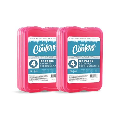 Cool Coolers by Fit & Fresh 4 Pack XL Slim Ice Packs, Quick Freeze Space Saving Reusable Ice Packs for Lunch Boxes or Coolers - color: Pink (8 Pack)